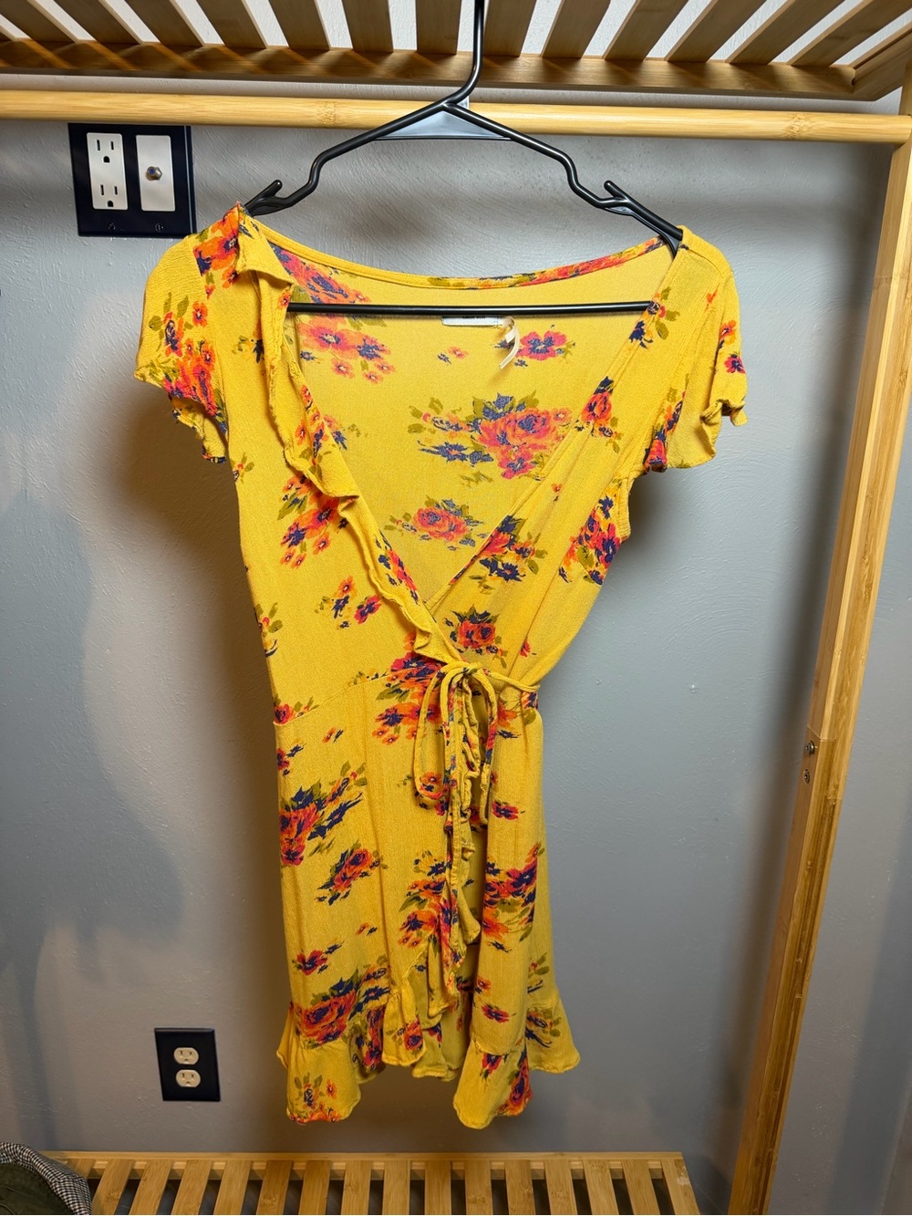 Kimchi Blue Yellow Floral Wrap Mini Dress with Ruffle Trim
